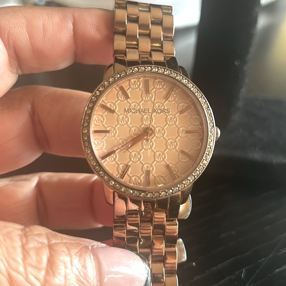 Michael Kors stainless steel bronze & rose gold pink & crystal bezel face watch.